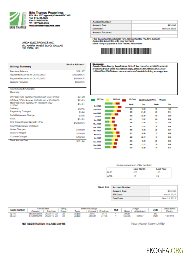 Facture d'affaires de services publics d'Erie Thames, SCR